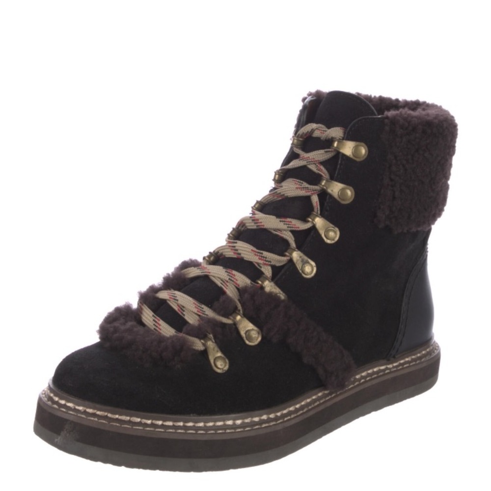 See by Chloe Suede Fur Trim Lace-Up Boot Brown